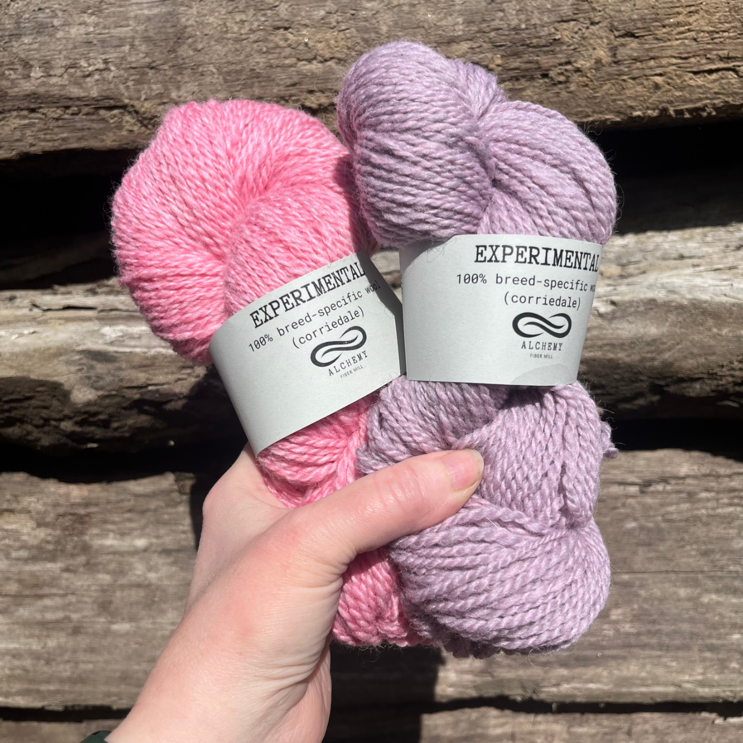 hand holding up two skeins of yarn in pink and purple